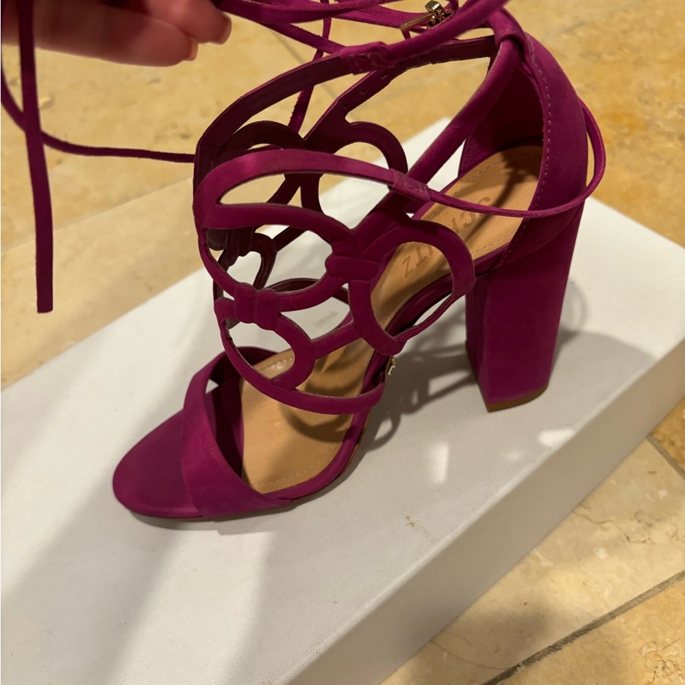 Schutz Magenta Strappy Suede Block Heel Sandal